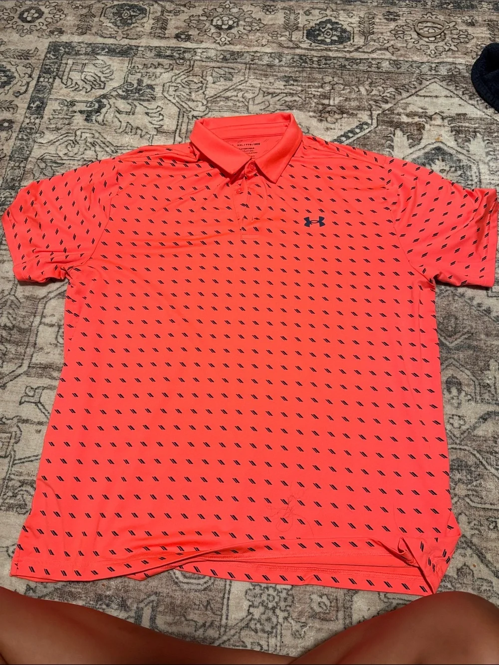 Under Armour Men’s Neon Coral Polo with Navy Accents - Picture 1 of 3